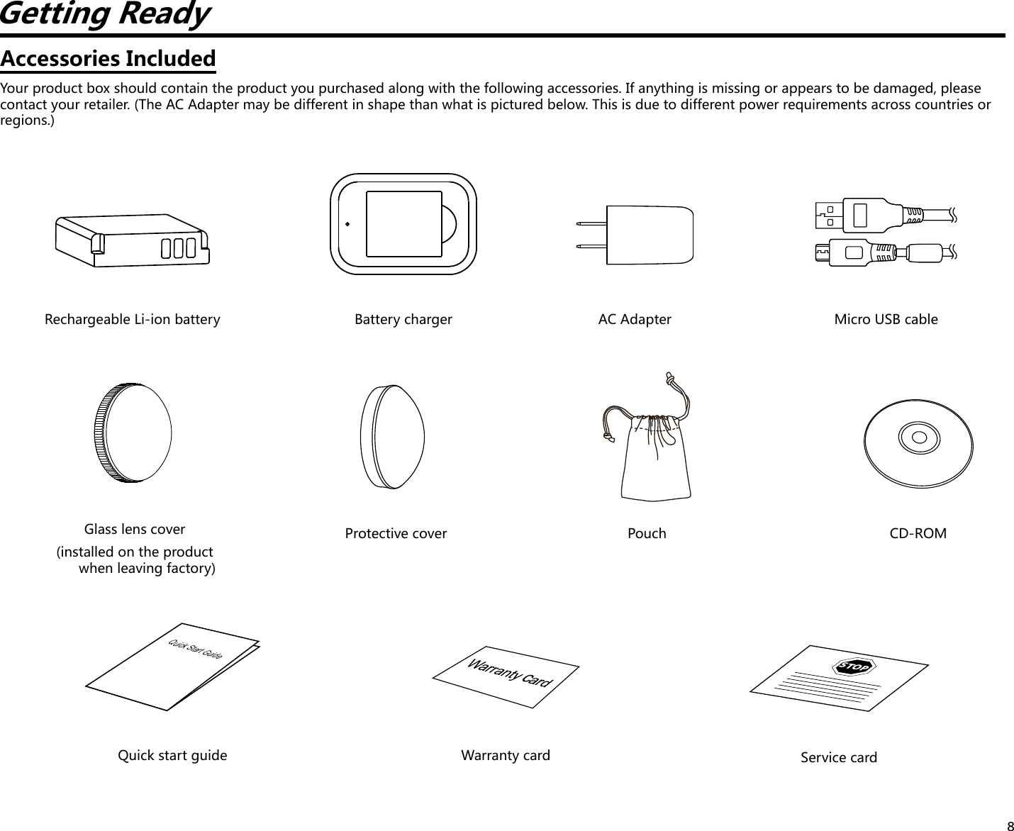 8Getting ReadyAccessories IncludedYour product box should contain the product you purchased along with the following accessories. If anything is missing or appears to be damaged, please contact your retailer. (The AC Adapter may be different in shape than what is pictured below. This is due to different power requirements across countries or regions.)Warranty cardQuick Start GuideQuick start guideSTOPService cardCD-ROM(installed on the product when leaving factory)Glass lens cover  Protective cover PouchAC AdapterRechargeable Li-ion battery Micro USB cableBattery charger