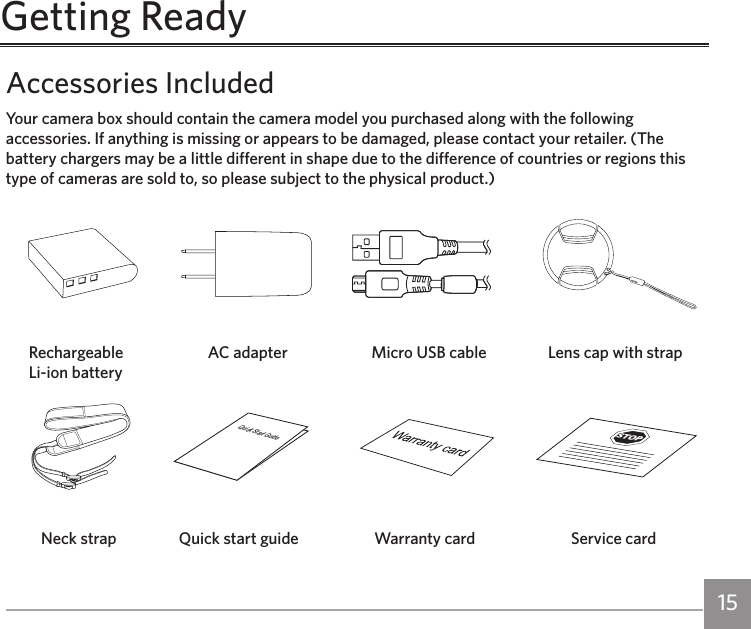 14 15Getting ReadyAccessories IncludedYour camera box should contain the camera model you purchased along with the following accessories. If anything is missing or appears to be damaged, please contact your retailer. (The battery chargers may be a little different in shape due to the difference of countries or regions this type of cameras are sold to, so please subject to the physical product.)Micro USB cableWarranty cardNeck strapRechargeable Li-ion batteryAC adapter Lens cap with strapQuick Start GuideQuick start guideSTOPService card