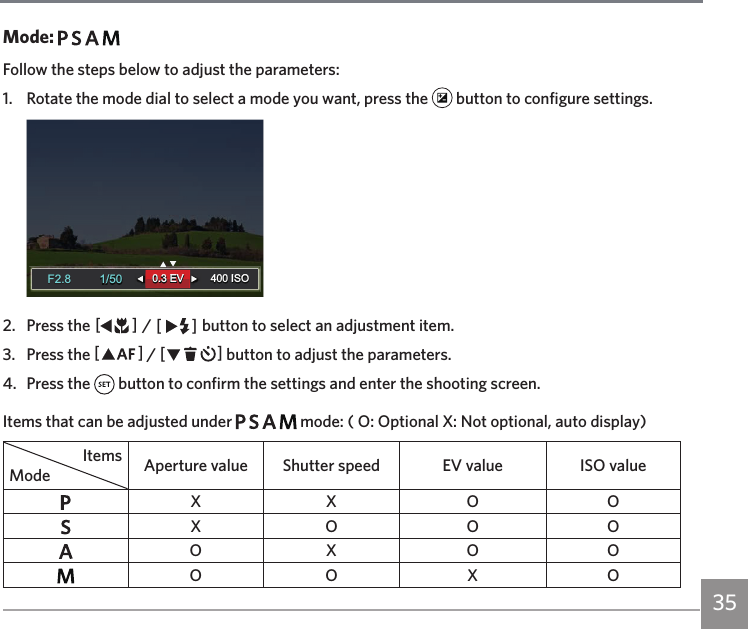 35Mode:       Follow the steps below to adjust the parameters:1.  Rotate the mode dial to select a mode you want, press the   button to configure settings.1/50400 ISO1/50400 ISO0.3 EV0.3 EVF2.8F2.82.  Press the AC / CA button to select an adjustment item.3.  Press the AC / CA button to adjust the parameters.4.  Press the   button to confirm the settings and enter the shooting screen.Items that can be adjusted under         mode: ( O: Optional X: Not optional, auto display)ItemsMode Aperture value Shutter speed EV value ISO valueX X O OX O O OO X O OO O X O