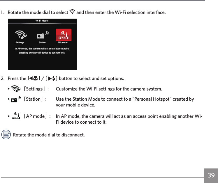 391.  Rotate the mode dial to select   and then enter the Wi-Fi selection interface.Settings Station AP modeWi-Fi ModeIn AP mode, the camera will act as an access point enabling another wifi device to connect to it.2.  Press the AC / CA button to select and set options.•  「Settings」:  Customize the Wi-Fi settings for the camera system.•  「Station」:  Use the Station Mode to connect to a &quot;Personal Hotspot&quot; created by  your mobile device.•  「AP mode」:  In AP mode, the camera will act as an access point enabling another Wi-Fi device to connect to it.Rotate the mode dial to disconnect.