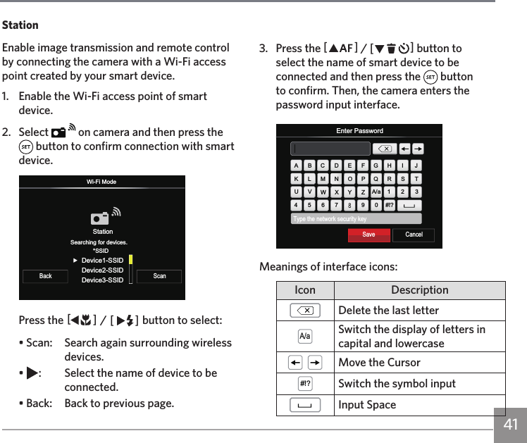 41StationEnable image transmission and remote control by connecting the camera with a Wi-Fi access point created by your smart device.1.   Enable the Wi-Fi access point of smart device.2.   Select   on camera and then press the  button to confirm connection with smart device.StationWi-Fi ModeDevice1-SSIDDevice2-SSIDDevice3-SSIDSearching for devices.*SSID6FDQ%DFNPress the AC / CA button to select:• Scan:  Search again surrounding wireless devices.•  :  Select the name of device to be connected.• Back:   Back to previous page.3.  Press the AC / CA button to select the name of smart device to be connected and then press the   button to confirm. Then, the camera enters the password input interface.Type the network security keyEnter Password#!?ABCDEFGH IJKLMNOPQ RSTUVWXYZA/a4567 90123CancelSave Meanings of interface icons:Icon Description Delete the last letter$DSwitch the display of letters in capital and lowercase   Move the Cursor#!? Switch the symbol inputInput Space