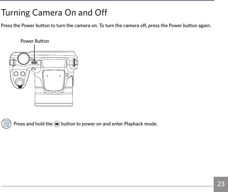 23Turning Camera On and OffPress the Power button to turn the camera on. To turn the camera off, press the Power button again.Power ButtonPress and hold the   button to power on and enter Playback mode.