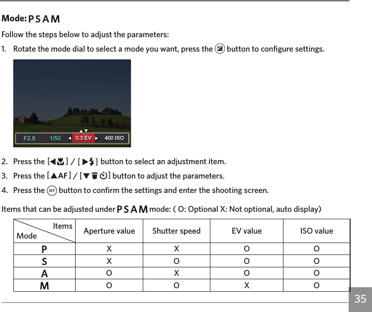 35Mode:       Follow the steps below to adjust the parameters:1.  Rotate the mode dial to select a mode you want, press the   button to configure settings.1/50400 ISO1/50400 ISO0.3 EV0.3 EVF2.8F2.82.  Press the AC / CA button to select an adjustment item.3.  Press the AC / CA button to adjust the parameters.4.  Press the   button to confirm the settings and enter the shooting screen.Items that can be adjusted under         mode: ( O: Optional X: Not optional, auto display)ItemsMode Aperture value Shutter speed EV value ISO valueX X O OX O O OO X O OO O X O