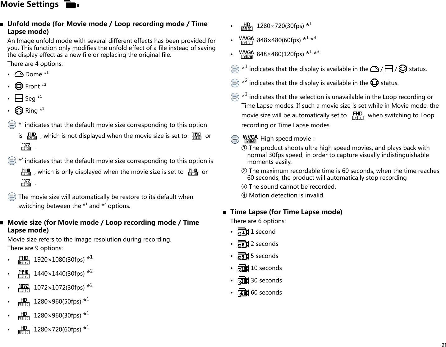 21Movie Settings  Unfold mode (for Movie mode / Loop recording mode / Time Lapse mode)An Image unfold mode with several different effects has been provided for you. This function only modifies the unfold effect of a file instead of saving the display effect as a new file or replacing the original file.There are 4 options:•  Dome *1•  Front *2•  Seg *1•  Ring *1 *1 indicates that the default movie size corresponding to this option is  , which is not displayed when the movie size is set to   or . *2 indicates that the default movie size corresponding to this option is , which is only displayed when the movie size is set to   or . The movie size will automatically be restore to its default when switching between the *1 and *2 options.  Movie size (for Movie mode / Loop recording mode / Time Lapse mode)Movie size refers to the image resolution during recording.There are 9 options:•  1920×1080(30fps) *1•  1440×1440(30fps) *2•  1072×1072(30fps) *2•  1280×960(50fps) *1•  1280×960(30fps) *1•  1280×720(60fps) *1• 1280×720(30fps) *1•  848×480(60fps) *1 *3• 848×480(120fps) *1 *3 *1 indicates that the display is available in the  / /  status. *2 indicates that the display is available in the   status. *3 indicates that the selection is unavailable in the Loop recording or Time Lapse modes. If such a movie size is set while in Movie mode, the movie size will be automatically set to   when switching to Loop recording or Time Lapse modes. Highspeedmovie：① The product shoots ultra high speed movies, and plays back with normal 30fps speed, in order to capture visually indistinguishable moments easily.②  The maximum recordable time is 60 seconds, when the time reaches 60 seconds, the product will automatically stop recording③  The sound cannot be recorded.④  Motion detection is invalid.  Time Lapse (for Time Lapse mode)There are 6 options:•  1 second•  2 seconds•  5 seconds•  10 seconds•  30 seconds•  60 seconds