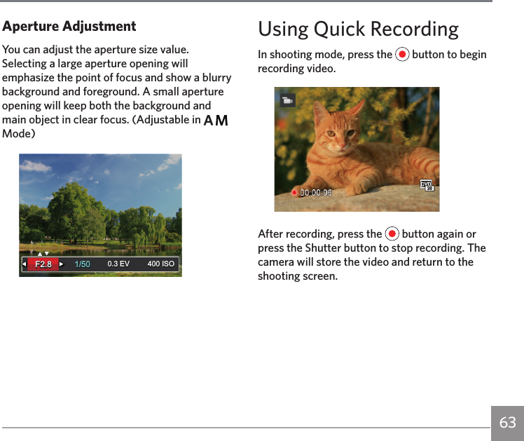 63Aperture AdjustmentYou can adjust the aperture size value. Selecting a large aperture opening will emphasize the point of focus and show a blurry background and foreground. A small aperture opening will keep both the background and main object in clear focus. (Adjustable in     Mode)400 ISO0.3 EV0.3 EV 400 ISO1/501/50F2.8F2.8Using Quick RecordingIn shooting mode, press the   button to begin recording video.After recording, press the   button again or press the Shutter button to stop recording. The camera will store the video and return to the shooting screen.