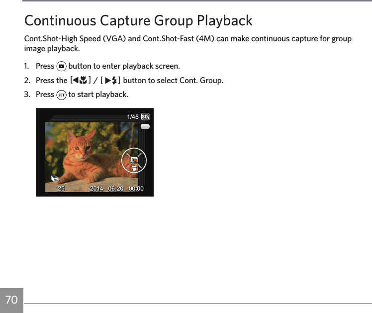 70Continuous Capture Group PlaybackCont.Shot-High Speed (VGA) and Cont.Shot-Fast (4M) can make continuous capture for group image playback. 1.   Press   button to enter playback screen.2.   Press the AC / CA button to select Cont. Group.3.   Press   to start playback.251/45SD06-2006-20 00:0000:0042014