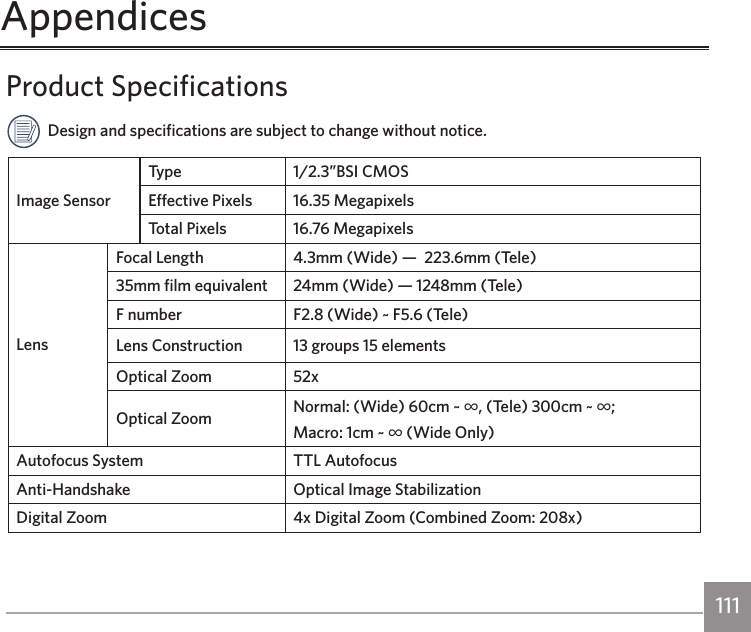 110 111Product SpecificationsDesign and specifications are subject to change without notice.Image SensorType 1/2.3”BSI CMOSEffective Pixels 16.35 MegapixelsTotal Pixels 16.76 MegapixelsLensFocal Length 4.3mm (Wide) —  223.6mm (Tele)35mm film equivalent 24mm (Wide) — 1248mm (Tele)F number F2.8 (Wide) ~ F5.6 (Tele)Lens Construction 13 groups 15 elementsOptical Zoom 52xOptical Zoom Normal: (Wide) 60cm ~ ∞, (Tele) 300cm ~ ∞;Macro: 1cm ~ ∞ (Wide Only)Autofocus System TTL AutofocusAnti-Handshake Optical Image StabilizationDigital Zoom 4x Digital Zoom (Combined Zoom: 208x)Appendices