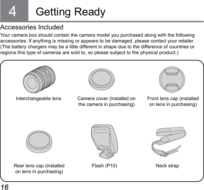 16 1716 17Getting ReadyYour camera box should contain the camera model you purchased along with the following accessories. If anything is missing or appears to be damaged, please contact your retailer. (The battery chargers may be a little different in shape due to the difference of countries or regions this type of cameras are sold to, so please subject to the physical product.)Accessories Included4Interchangeable lens Camera cover (installed on the camera in purchasing)Front lens cap (installed on lens in purchasing)Rear lens cap (installed on lens in purchasing)Flash (P10) Neck strap