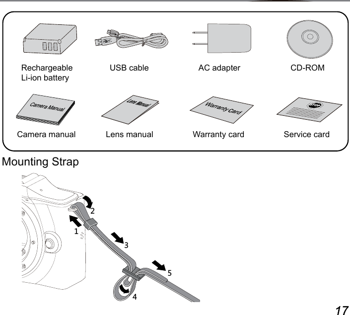 16 1716 17Rechargeable Li-ion batteryUSB cable AC adapterMounting StrapSTOPService cardWarranty cardCamera manual Lens manualCD-ROMCamera ManualLens Manual