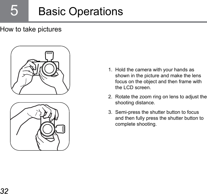 32 3332 33Basic Operations5How to take pictures1.  Hold the camera with your hands as shown in the picture and make the lens focus on the object and then frame with the LCD screen.2.  Rotate the zoom ring on lens to adjust the shooting distance.3.  Semi-press the shutter button to focus and then fully press the shutter button to complete shooting.