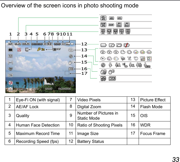 32 3332 33Overview of the screen icons in photo shooting mode1Eye-Fi ON (with signal) 7Video Pixels 13 Picture Effect2AE/AF Lock 8Digital Zoom 14 Flash Mode3Quality 9Number of Pictures in Static Mode 15 OIS4Human Face Detection 10 Ratio of Shooting Pixels 16 WDR5Maximum Record Time 11 Image Size 17 Focus Frame6Recording Speed (fps) 12 Battery StatusEV+0.0+0.0 ISO000000/000F00.000:00:00 000016M1 2 3 4 5 6 7 910 111314151617128