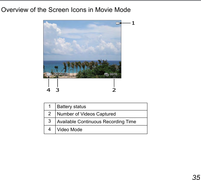 34 35Overview of the Screen Icons in Movie Mode1Battery status2Number of Videos Captured3Available Continuous Recording Time4Video Mode00:00:00 00/151234