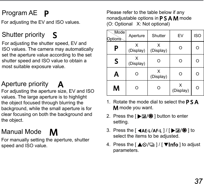 36 3736 37For adjusting the EV and ISO values.Program AE  Shutter priority  For adjusting the shutter speed, EV and ISO values. The camera may automatically set the aperture value according to the set shutter speed and ISO value to obtain a most suitable exposure value.Aperture priorityFor adjusting the aperture size, EV and ISO values. The large aperture is to highlight the object focused through blurring the background, while the small aperture is for clear focusing on both the background and the object.Manual ModeFor manually setting the aperture, shutter speed and ISO value.Please refer to the table below if any  nonadjustable options in         mode  (O: Optional   X: Not optional)Aperture Shutter EV ISOX (Display)X (Display) O OX (Display) O O OOX (Display) O OO O X (Display) OOptionsMode1.  Rotate the mode dial to select the        mode you want.2.  Press the [  ] button to enter  setting.3.  Press the [  ] / [  ] to select the items to be adjusted.4.  Press the [   ] / [   ] to adjust parameters.