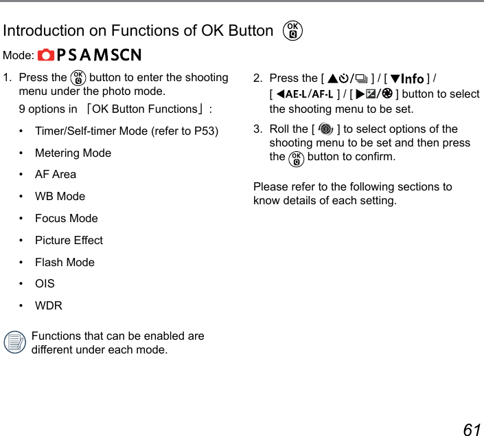 60 61Introduction on Functions of OK ButtonMode:           1.  Press the   button to enter the shooting menu under the photo mode.  9 options in 「OK Button Functions」: •  Timer/Self-timer Mode (refer to P53)•  Metering Mode•  AF Area•  WB Mode•  Focus Mode•  Picture Effect•  Flash Mode•  OIS•  WDRFunctions that can be enabled are different under each mode.2.  Press the [   ] / [   ] /  [  ] / [  ] button to select the shooting menu to be set.3.  Roll the [   ] to select options of the shooting menu to be set and then press the   button to conrm.Please refer to the following sections to know details of each setting.