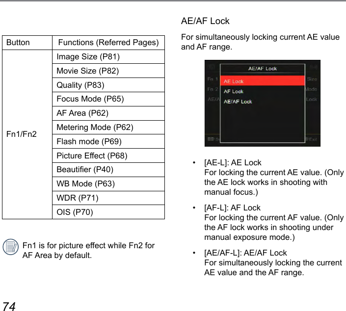 74 75AE/AF LockFor simultaneously locking current AE value and AF range.•  [AE-L]: AE Lock For locking the current AE value. (Only the AE lock works in shooting with manual focus.)•  [AF-L]: AF Lock For locking the current AF value. (Only the AF lock works in shooting under manual exposure mode.)•  [AE/AF-L]: AE/AF Lock For simultaneously locking the current AE value and the AF range.Button Functions (Referred Pages)Fn1/Fn2Image Size (P81)Movie Size (P82)Quality (P83)Focus Mode (P65)AF Area (P62)Metering Mode (P62)Flash mode (P69)Picture Effect (P68)Beautier (P40)WB Mode (P63)WDR (P71)OIS (P70)Fn1 is for picture effect while Fn2 for AF Area by default.