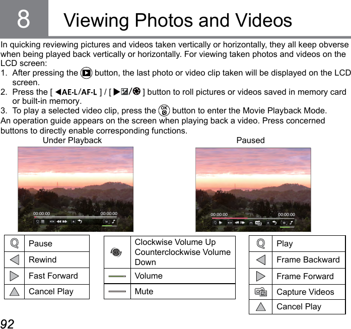 92 9392 93Viewing Photos and Videos8In quicking reviewing pictures and videos taken vertically or horizontally, they all keep obverse when being played back vertically or horizontally. For viewing taken photos and videos on the LCD screen:1.  After pressing the   button, the last photo or video clip taken will be displayed on the LCD screen.2.  Press the [  ] / [  ] button to roll pictures or videos saved in memory card or built-in memory.3.  To play a selected video clip, press the   button to enter the Movie Playback Mode.An operation guide appears on the screen when playing back a video. Press concerned  buttons to directly enable corresponding functions.Under Playback PausedPlayFrame BackwardFrame ForwardCapture VideosCancel PlayPauseRewindFast ForwardCancel Play00:00:0000:00:00 00:00:0000:00:00 Clockwise Volume Up Counterclockwise Volume DownVolumeMute