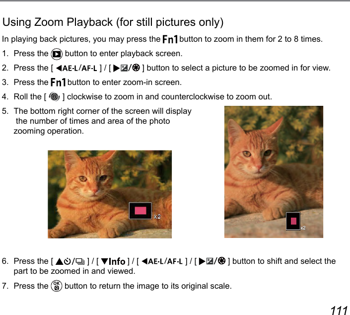 110 111Using Zoom Playback (for still pictures only)In playing back pictures, you may press the   button to zoom in them for 2 to 8 times.1.  Press the   button to enter playback screen.2.  Press the [  ] / [  ] button to select a picture to be zoomed in for view.3.  Press the   button to enter zoom-in screen.4.  Roll the [   ] clockwise to zoom in and counterclockwise to zoom out.5.  The bottom right corner of the screen will display  the number of times and area of the photo  zooming operation.6.  Press the [   ] / [   ] / [  ] / [  ] button to shift and select the part to be zoomed in and viewed.7.  Press the   button to return the image to its original scale.x2