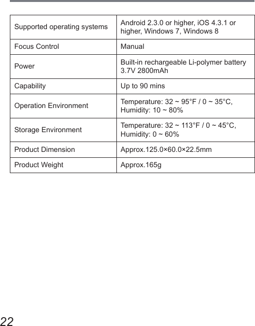 22Supported operating systems  Android 2.3.0 or higher, iOS 4.3.1 or higher, Windows 7, Windows 8Focus Control ManualPower Built-in rechargeable Li-polymer battery 3.7V 2800mAhCapability Up to 90 minsOperation Environment Temperature: 32 ~ 95°F / 0 ~ 35°C, Humidity: 10 ~ 80%Storage Environment Temperature: 32 ~ 113°F / 0 ~ 45°C, Humidity: 0 ~ 60%Product Dimension Approx.125.0×60.0×22.5mmProduct Weight Approx.165g