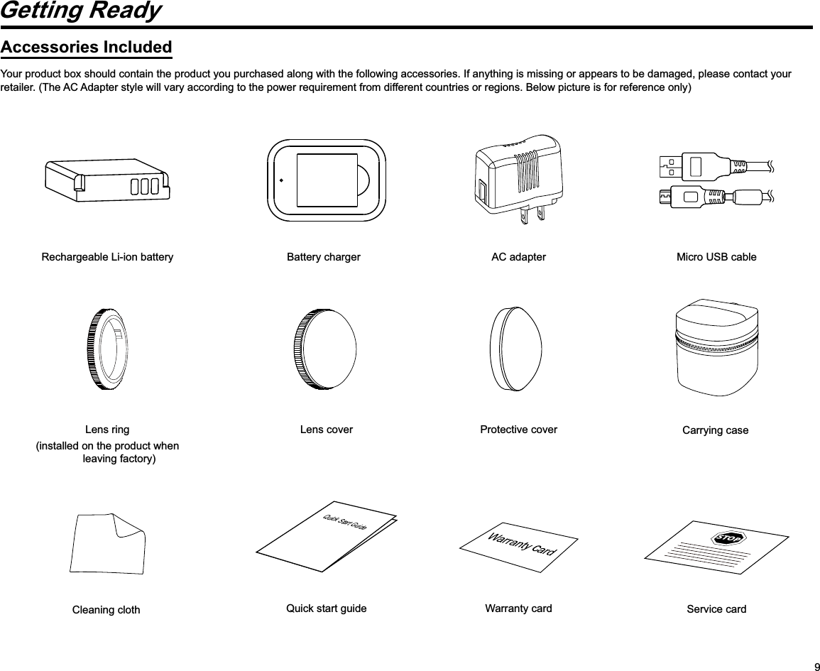 9Getting ReadyAccessories IncludedYour product box should contain the product you purchased along with the following accessories. If anything is missing or appears to be damaged, please contact your retailer. (The AC Adapter style will vary according to the power requirement from different countries or regions. Below picture is for reference only)Warranty cardQuick Start GuideQuick start guideSTOPService cardLens cover  Protective coverRechargeable Li-ion battery Micro USB cableBattery charger AC adapterCarrying caseCleaning cloth(installed on the product when leaving factory)Lens ring