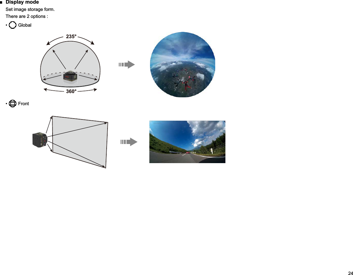 24 Display modeSet image storage form.There are 2 options :  Global                           235°360°  Front                     