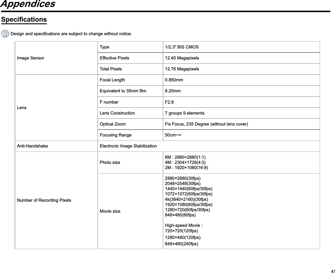 41AppendicesImage SensorType 1/2.3&quot; BIS CMOSEffective Pixels 12.40 MegapixelsTotal Pixels 12.76 MegapixelsLensFocal Length 0.850mm 8.20mmF number F2.8Lens Construction 7 groups 9 elementsOptical Zoom Fix Focus, 235 Degree (without lens cover)Focusing Range Anti-Handshake Number of Recording Pixels8M : 2880×2880(1:1) 4M : 2304×1728(4:3) 2M : 1920×1080(16:9)2880×2880(30fps) 2048×2048(30fps) 1440×1440(60fps/30fps) 1072×1072(60fps/30fps) 4k(3840×2160)(30fps) 1920×1080(60fps/30fps) 1280×720(60fps/30fps) 848×480(60fps)  High-speed Movie :  720×720(120fps)1280×480(120fps)848×480(240fps)