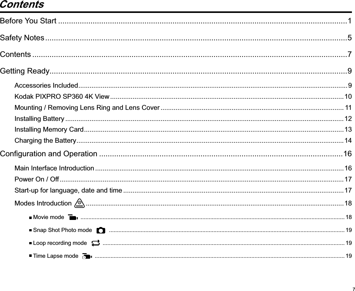 7Before You Start ......................................................................................................................................1Safety Notes ............................................................................................................................................5Contents ..................................................................................................................................................7Getting Ready..........................................................................................................................................9Accessories Included ................................................................................................................................................9Kodak PIXPRO SP360 4K View .............................................................................................................................10Mounting / Removing Lens Ring and Lens Cover .................................................................................................. 11Installing Battery .....................................................................................................................................................12Installing Memory Card ...........................................................................................................................................13Charging the Battery ...............................................................................................................................................14 .................................................................................................................16Main Interface Introduction .....................................................................................................................................16Power On / Off ........................................................................................................................................................17Start-up for language, date and time ......................................................................................................................17Modes Introduction   ..........................................................................................................................................18 Movie mode   ....................................................................................................................................................................... 18 Snap Shot Photo mode   ..................................................................................................................................................... 19 Loop recording mode   ......................................................................................................................................................... 19 Time Lapse mode   .............................................................................................................................................................. 19Contents