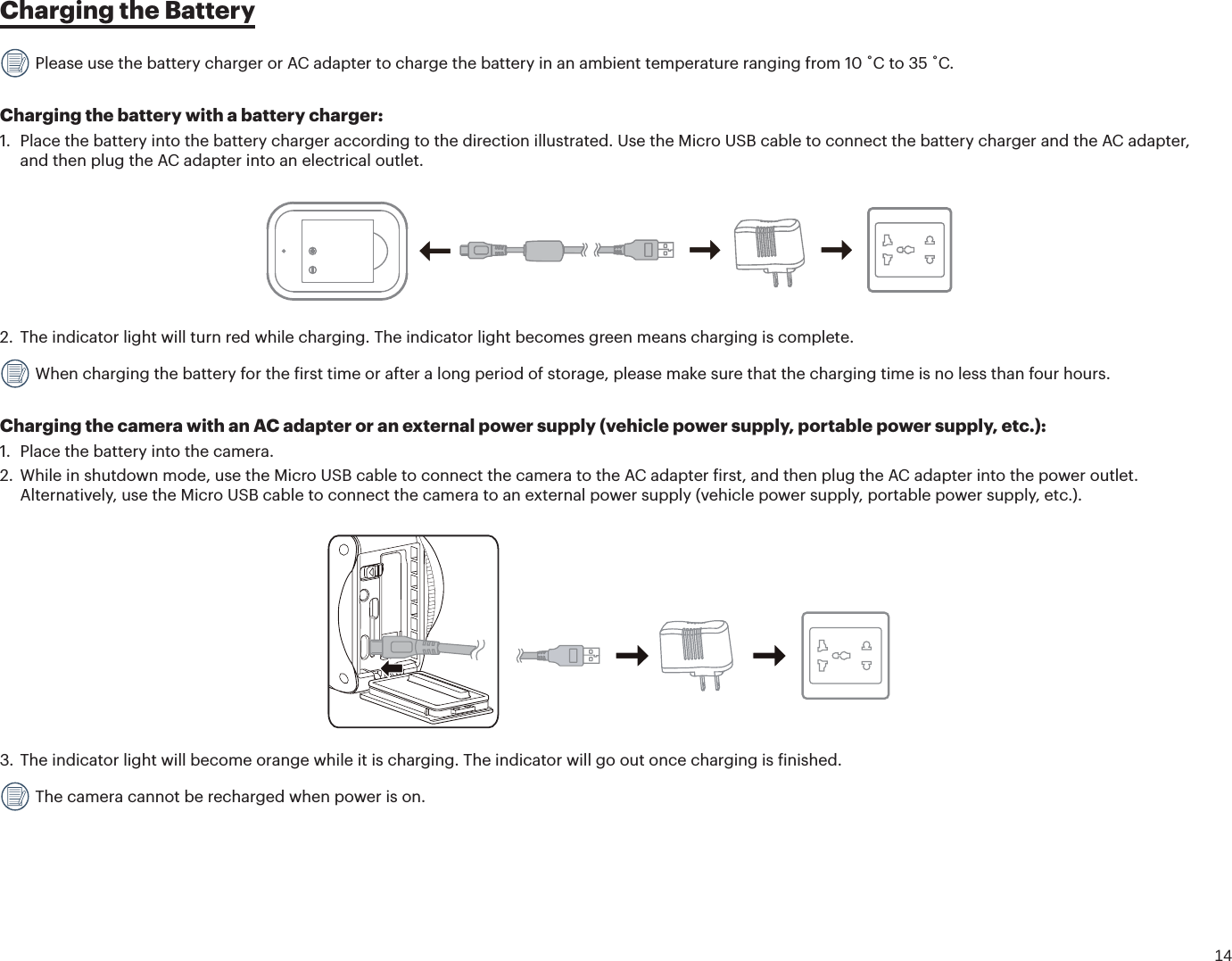 14Charging the Battery Please use the battery charger or AC adapter to charge the battery in an ambient temperature ranging from 10 ˚C to 35 ˚C.Charging the battery with a battery charger:1.  Place the battery into the battery charger according to the direction illustrated. Use the Micro USB cable to connect the battery charger and the AC adapter, and then plug the AC adapter into an electrical outlet.2.  The indicator light will turn red while charging. The indicator light becomes green means charging is complete. When charging the battery for the irst time or after a long period of storage, please make sure that the charging time is no less than four hours.Charging the camera with an AC adapter or an external power supply (vehicle power supply, portable power supply, etc.):1.  Place the battery into the camera.2.  While in shutdown mode, use the Micro USB cable to connect the camera to the AC adapter irst, and then plug the AC adapter into the power outlet. Alternatively, use the Micro USB cable to connect the camera to an external power supply (vehicle power supply, portable power supply, etc.).3. The indicator light will become orange while it is charging. The indicator will go out once charging is inished. The camera cannot be recharged when power is on. 