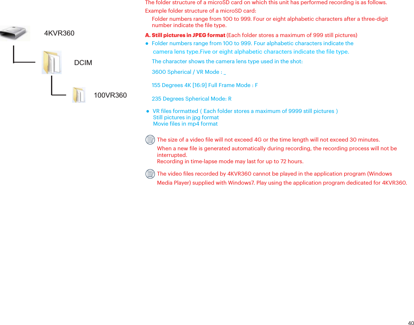 40The folder structure of a microSD card on which this unit has performed recording is as follows.Example folder structure of a microSD card:Folder numbers range from 100 to 999. Four or eight alphabetic characters after a three-digit number indicate the ile type.A. Still pictures in JPEG format (Each folder stores a maximum of 999 still pictures) ͓ Folder numbers range from 100 to 999. Four alphabetic characters indicate the   The character shows the camera lens type used in the shot:3600 Spherical / VR Mode : _155 Degrees 4K [16:9] Full Frame Mode : F235 Degrees Spherical Mode: R͓ VR files formatted（Each folder stores a maximum of 9999 still pictures）     Still pictures in jpg format     Movie files in mp4 format The size of a video ile will not exceed 4G or the time length will not exceed 30 minutes.  When a new ile is generated automatically during recording, the recording process will not be interrupted.  Recording in time-lapse mode may last for up to 72 hours.  The video iles recorded by 4KVR360 cannot be played in the application program (Windows Media Player) supplied with Windows7. Play using the application program dedicated for 4KVR360. 100VR360DCIM4KVR360camera lens type.Five or eight alphabetic characters indicate the file type.