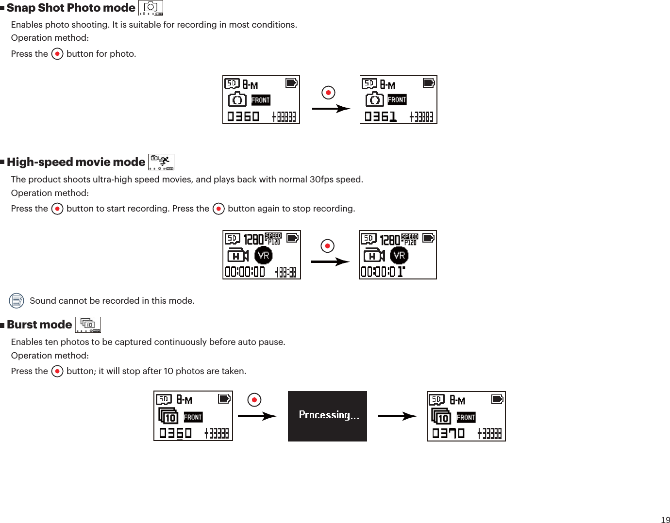 19 Snap Shot Photo mode Enables photo shooting. It is suitable for recording in most conditions.Operation method:Press the   button for photo. High-speed movie mode The product shoots ultra-high speed movies, and plays back with normal 30fps speed.Operation method:Press the   button to start recording. Press the   button again to stop recording. Sound cannot be recorded in this mode. Burst mode Enables ten photos to be captured continuously before auto pause.Operation method:Press the   button; it will stop after 10 photos are taken.