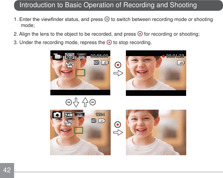 42Introduction to Basic Operation of Recording and Shooting(QWHUWKHYLHZ¿QGHUVWDWXVDQGSUHVV  to switch between recording mode or shooting mode;2. Align the lens to the object to be recorded, and press   for recording or shooting;3. Under the recording mode, repress the   to stop recording.SD1234123400:01:2300:01:2300:56:0000:56:00SD