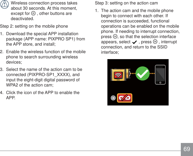 Step 3: setting on the action cam1.  The action cam and the mobile phone begin to connect with each other. If connection is succeeded, functional operations can be enabled on the mobile phone. If needing to interrupt connection, press  , so that the selection interface appears, select   , press   , interrupt connection, and return to the SSID interface;Wireless connection process takes about 30 seconds. At this moment, except for   , other buttons are deactivated.Step 2: setting on the mobile phone1.  Download the special APP installation package (APP name: PIXPRO SP1) from the APP store, and install; 2.  Enable the wireless function of the mobile phone to search surrounding wireless devices; 3.  Select the name of the action cam to be connected (PIXPRO-SP1_XXXX), and input the eight-digit digital password of WPA2 of the action cam; 4.  Click the icon of the APP to enable the APP. 