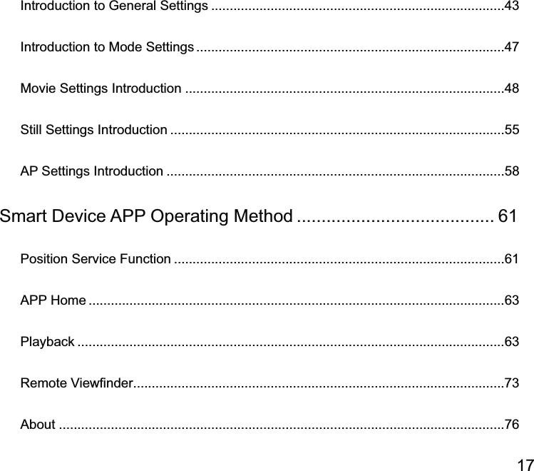 17 ............................................................................... ...................................................................................47 ...................................................................................... ..........................................................................................55 ........................................................................................... ........................................ 61 .........................................................................................61 ................................................................................................................Playback ....................................................................................................................................................................................................................... ........................................................................................................................76