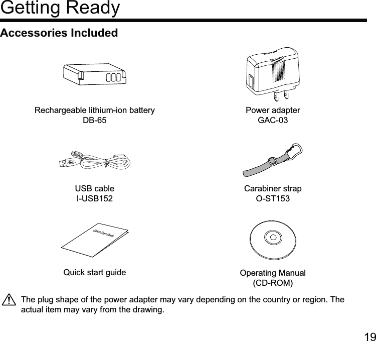 Getting ReadyAccessories IncludedOperating Manual Quick Start GuideQuick start guidePower adapterRechargeable lithium-ion batteryThe plug shape of the power adapter may vary depending on the country or region. The actual item may vary from the drawing. Carabiner strap 