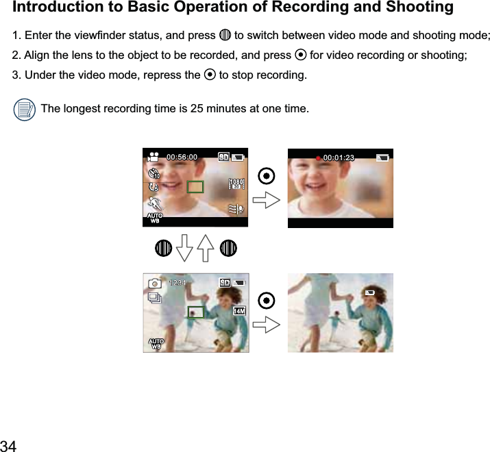 Introduction to Basic Operation of Recording and Shooting  to switch between video mode and shooting mode;  for video recording or shooting;  to stop recording.The longest recording time is 25 minutes at one time.00:56:0000:56:00108000:01:2300:01:23