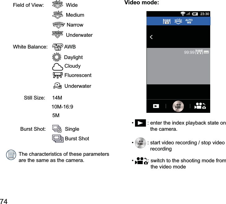 74   Wide   Medium narrownarrownarrownarrownarrownarrow     Underwater     Cloudy  Fluorescent  Underwater 5M   The characteristics of these parameters are the same as the camera.Video mode:&lt;23:3099:9910801080 the camera. recording the video mode