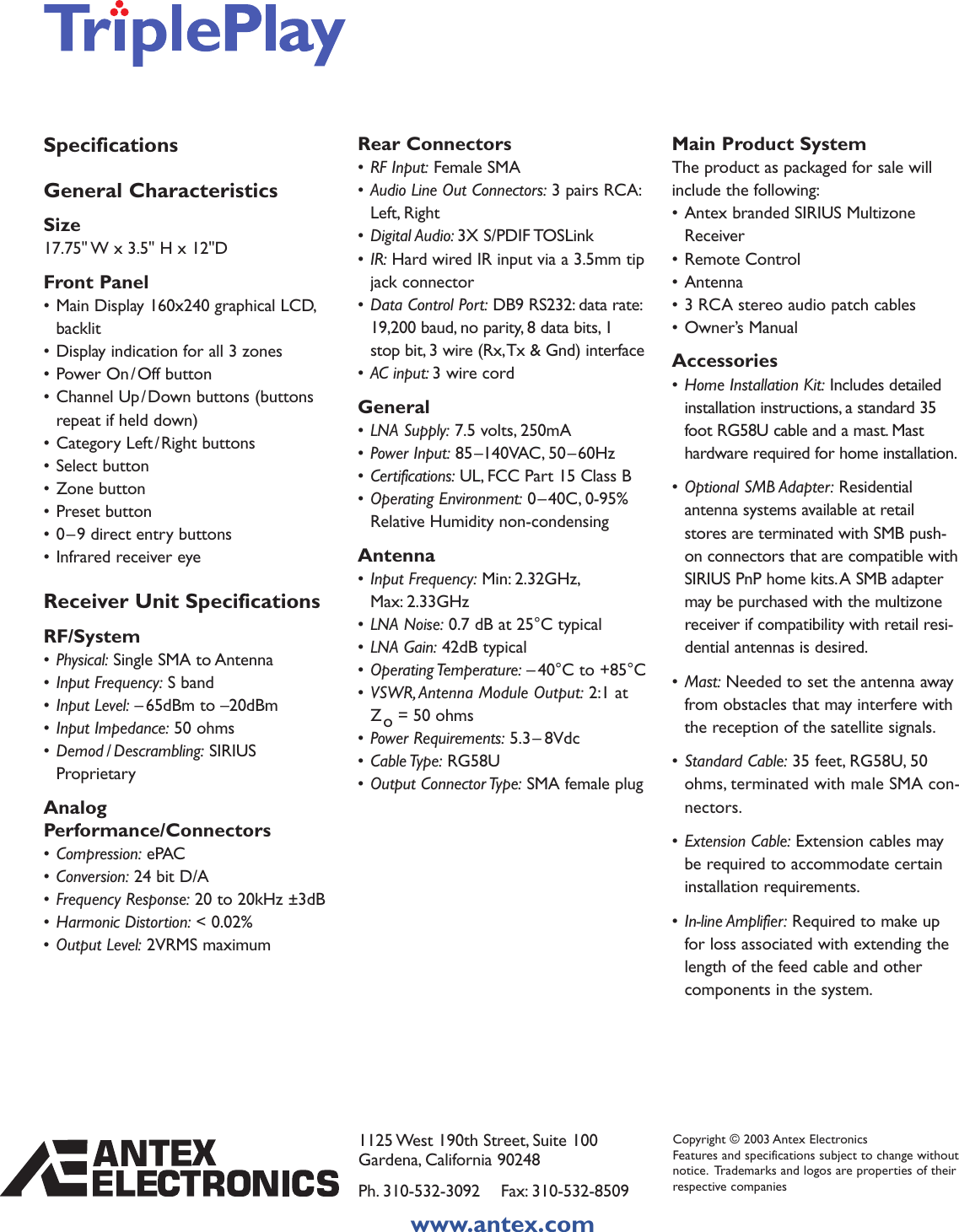 Page 4 of 4 - Sirius-Satellite-Radio Sirius-Satellite-Radio-Audio-Satellite-Receiver-Users-Manual- Antex TriplePlay-2.qxp  Sirius-satellite-radio-audio-satellite-receiver-users-manual