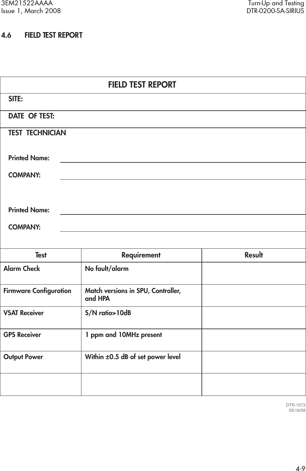 3EM21522AAAA Turn-Up and TestingIssue 1, March 2008 DTR-0200-SA-SIRIUS4-94.6FIELD TEST REPORTDTR-107305/16/08SITE:Test Requirement ResultDATE  OF TEST:TEST  TECHNICIANPrinted Name:COMPANY:Printed Name:Alarm CheckFirmware ConfigurationVSAT ReceiverGPS ReceiverOutput PowerNo fault/alarmMatch versions in SPU, Controller,and HPAS/N ratio&gt;10dB1 ppm and 10MHz presentWithin ±0.5 dB of set power levelCOMPANY:FIELD TEST REPORT