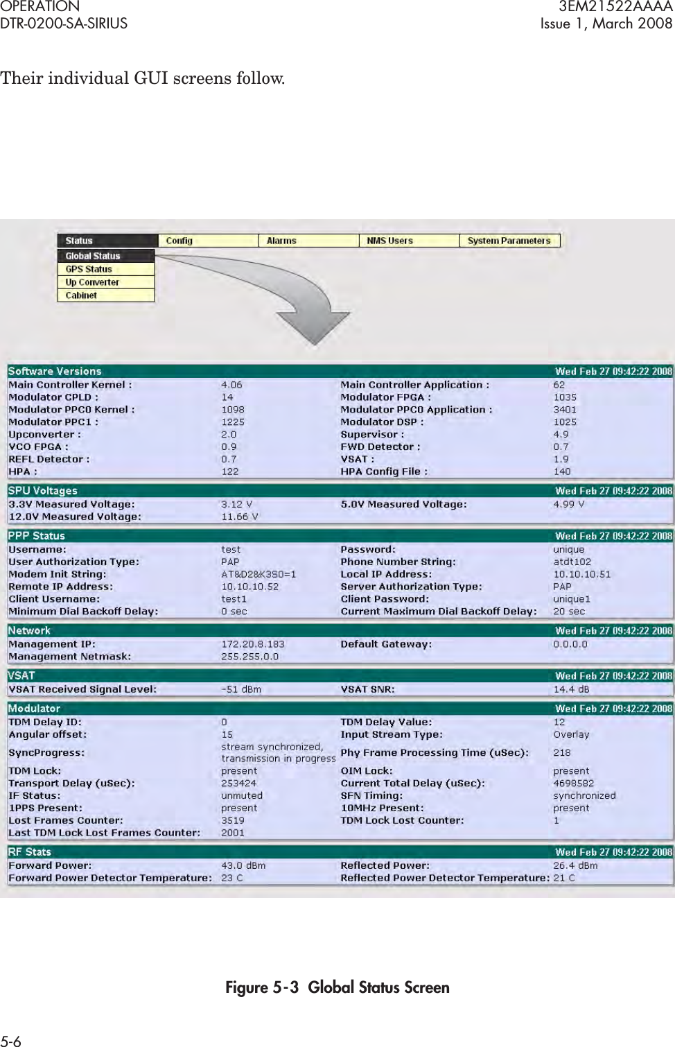 OPERATION 3EM21522AAAADTR-0200-SA-SIRIUS Issue 1, March 20085-6Their individual GUI screens follow.Figure 5  -  3  Global Status Screen
