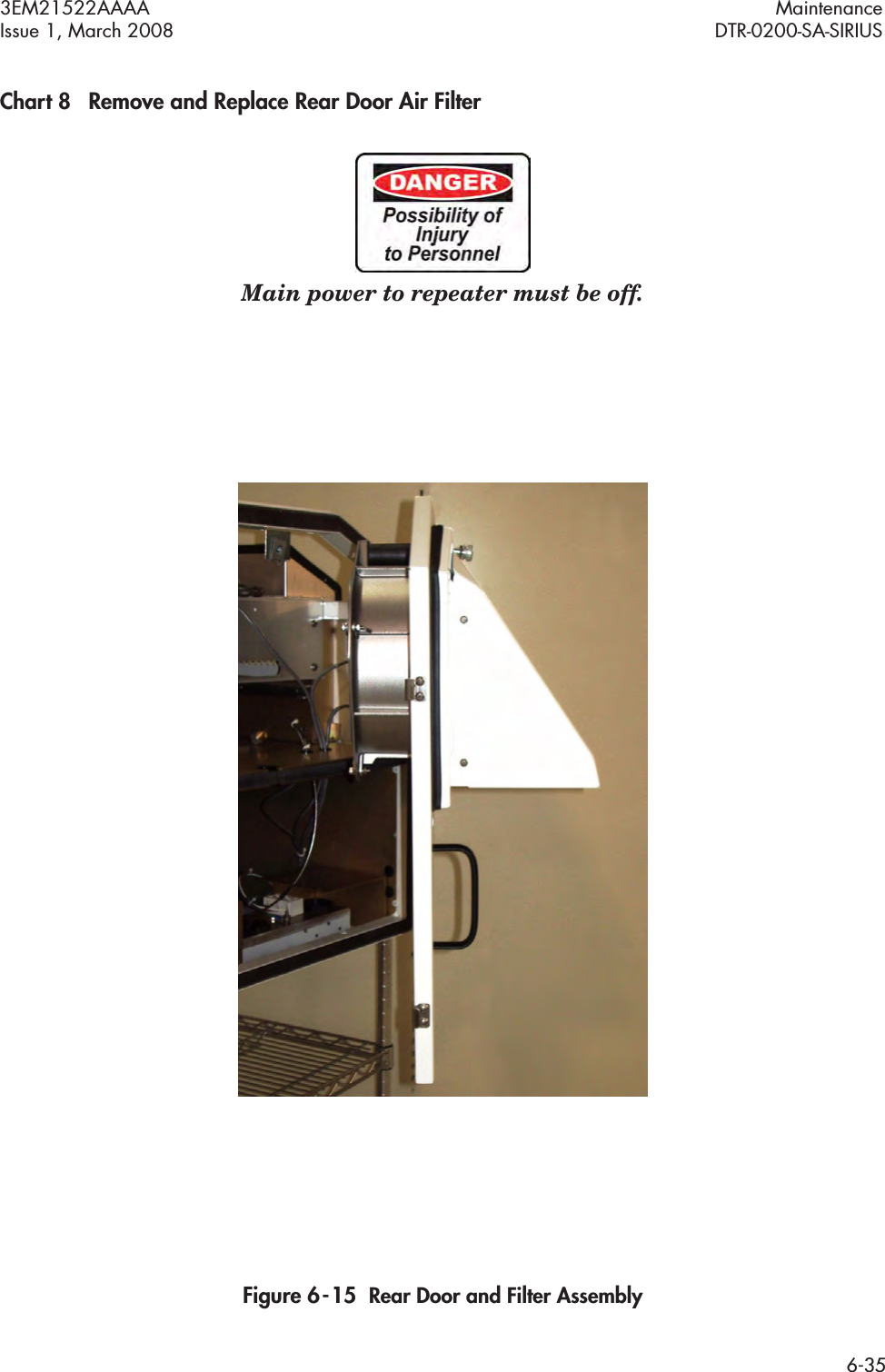 3EM21522AAAA MaintenanceIssue 1, March 2008 DTR-0200-SA-SIRIUS6-35Chart 8 Remove and Replace Rear Door Air FilterMain power to repeater must be off.Figure 6  -  15  Rear Door and Filter Assembly