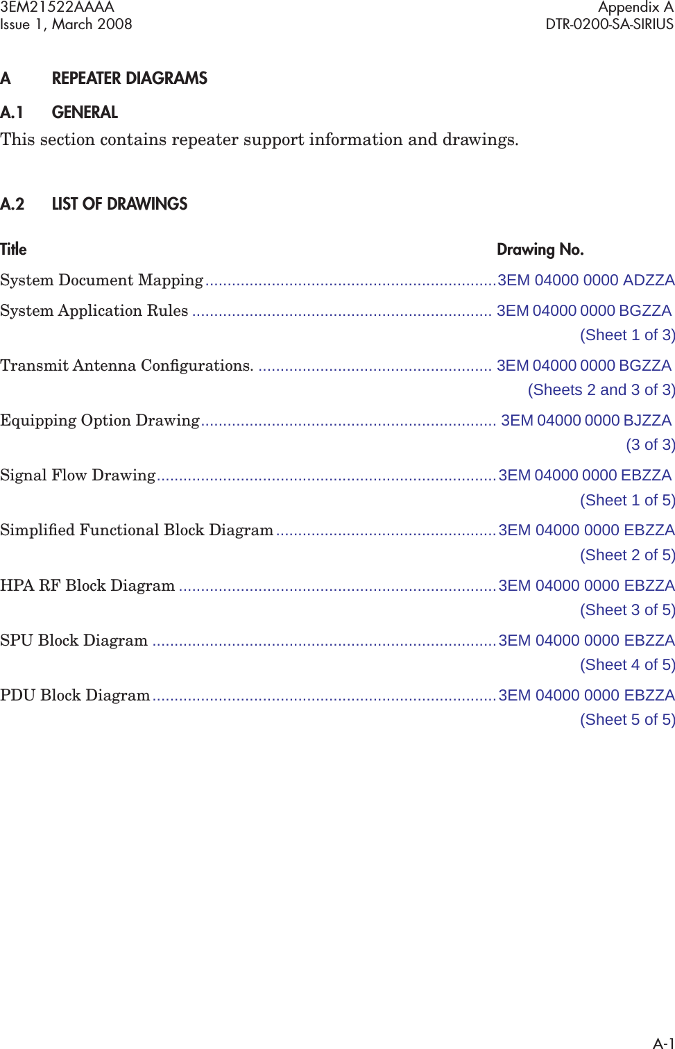 3EM21522AAAA Appendix AIssue 1, March 2008 DTR-0200-SA-SIRIUSA-1AREPEATER DIAGRAMSA.1GENERALThis section contains repeater support information and drawings. A.2LIST OF DRAWINGSTitle Drawing No.System Document Mapping..................................................................3EM 04000 0000 ADZZASystem Application Rules .................................................................... 3EM 04000 0000 BGZZA (Sheet 1 of 3)Transmit Antenna Conﬁgurations. ..................................................... 3EM 04000 0000 BGZZA (Sheets 2 and 3 of 3)Equipping Option Drawing................................................................... 3EM 04000 0000 BJZZA (3 of 3)Signal Flow Drawing.............................................................................3EM 04000 0000 EBZZA (Sheet 1 of 5)Simpliﬁed Functional Block Diagram ..................................................3EM 04000 0000 EBZZA(Sheet 2 of 5)HPA RF Block Diagram ........................................................................3EM 04000 0000 EBZZA(Sheet 3 of 5)SPU Block Diagram ..............................................................................3EM 04000 0000 EBZZA(Sheet 4 of 5)PDU Block Diagram..............................................................................3EM 04000 0000 EBZZA(Sheet 5 of 5)