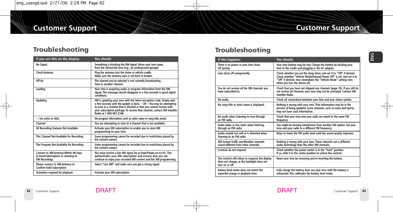 TroubleshootingIf this happens: You should:There is no power or your inno shuts  Your inno battery may be low.Charge the battery by docking youroff quickly.inno in the cradle and plugging in the AC adapter.inno shuts off unexpectedly.Check whether you set the sleep timer,and set it to “Off”if desired.Check whether “Vehicle Mode/Delayed Power Off”is set, and set it to “Off” if desired. inno remembers the “Vehicle Mode” setting even when you turn the device off.You do not receive all the XM channels you  Check that you have not skipped any channels (page 76). If you still do have subscribed to.not receive all channels,your inno may not be activated. Contact XM Satellite Radio.No audio.Check all connections between your inno and your stereo system.No song title or artist name is displayed. Nothing is wrong with your inno. That information may be in the process of being updated. Some channels,such as news and sports,may not have such information.No audio when listening to inno through  Check that your inno and your radio are tuned to the same FMan FM radio. frequency.Audio fades or has static when listening  You might be hearing interference from another FM station. Set yourthrough an FM radio.inno and your radio to a different FM frequency.Audio sounds too soft or is distorted when  Raise or lower the FM audio level until the sound quality improves.listening to an FM radio.XM Instant Traffic and Weather channels  Nothing is wrong with your inno. These channels use a differentsound different from other channels.audio technology than the other XM channels.Controls do not respond. Check whether the power switch is in the &quot;hold&quot; position.If so,slide it to the center position to unlock the controls.The controls still refuse to respond, the display Reset your inno by removing and re-inserting the battery.does not change,or the backlight does not turn on or off.Battery level meter does not match the  Fully charge the battery,then use your inno until the battery isexpected charge or playback time. exhausted. This calibrates the battery level meter.Customer SupportCustomer Support 83Customer Support82Customer SupportDRAFT DRAFTTroubleshootingIf you see this on the display: You should:No Signal  Something is blocking the XM signal. Move your inno away  from the obstructed area (e.g., an underground garage).Check Antenna Plug the antenna into the home or vehicle cradle.Make sure the antenna wire is not bent or broken.Off Air The channel you’ve selected is not currently broadcasting.Tune to another channel.Loading Your inno is acquiring audio or program information from the XM signal. This message should disappear in a few seconds in good signal conditions.Updating XM is updating your inno with the latest encryption code.Simply wait a few seconds until the update is done.– OR – You may be attempting to tune to a channel that is blocked or that you cannot receive with your subscription package. To receive that channel, contact XM SatelliteRadio at 1-800-967-2346.--- (no artist or title) No program information, such as artist name or song title, e x i s t s.Channel You are attempting to tune to a channel that is not available.All Recording Features Not Available Activate your XM subscription to enable you to store XM programming on your inno.This Channel Not Available for Recording Some programming cannot be recorded due to restrictions placed by the content owners.This Program Not Available for Recording Some programming cannot be recorded due to restrictions placed by the content owners.Connect to XM Antenna Within ## Days  You must receive a live XM signal for at least 8 hours a m o n t h . This to Avoid Interruption in Listening to  authenticates your XM subscription and ensures that you canXM Recordings continue to enjoy your recorded XM content and live XM programming.Please connect to XM Antenna to  Select “Live XM” and make sure you get a strong signal.Confirm Valid SubscriptionActivation required for playback Activate your XM subscription.eng_usergd.qxd  2/21/06  2:28 PM  Page 82