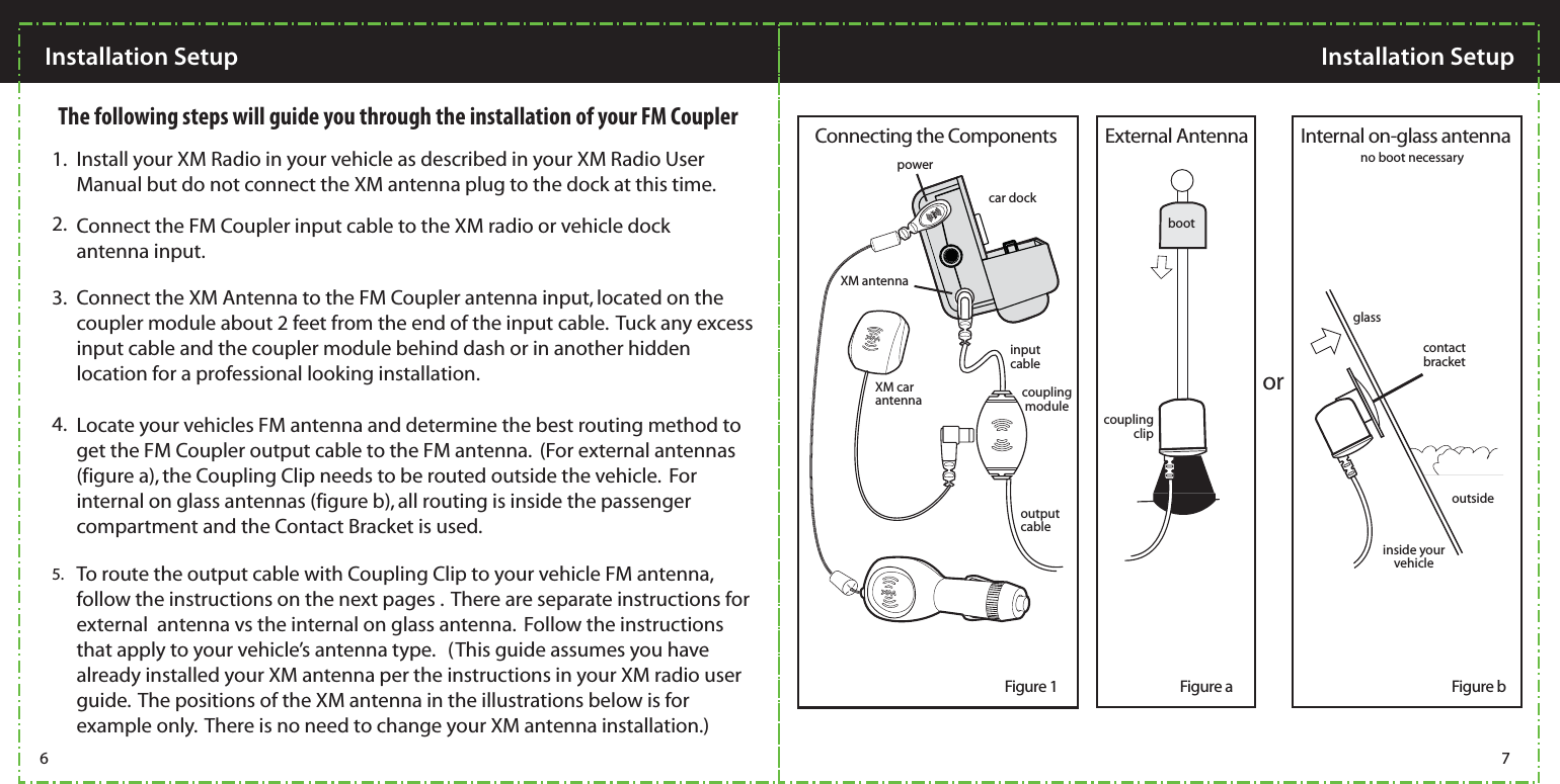 Install your XM Radio in your vehicle as described in your XM Radio User Manual but do not connect the XM antenna plug to the dock at this time.1.Locate your vehicles FM antenna and determine the best routing method to get the FM Coupler output cable to the FM antenna.  (For external antennas (figure a), the Coupling Clip needs to be routed outside the vehicle.  For internal on glass antennas (figure b), all routing is inside the passenger compartment and the Contact Bracket is used.4.Connect the FM Coupler input cable to the XM radio or vehicle dock antenna input.    2.The following steps will guide you through the installation of your FM Coupler3. Connect the XM Antenna to the FM Coupler antenna input, located on the coupler module about 2 feet from the end of the input cable.  Tuck any excess input cable and the coupler module behind dash or in another hidden location for a professional looking installation.5. To route the output cable with Coupling Clip to your vehicle FM antenna,   follow the instructions on the next pages .  There are separate instructions for external  antenna vs the internal on glass antenna.  Follow the instructions that apply to your vehicle’s antenna type.   (This guide assumes you have already installed your XM antenna per the instructions in your XM radio user guide.  The positions of the XM antenna in the illustrations below is for example only.  There is no need to change your XM antenna installation.)  no boot necessaryglasscontactbracketinside your vehicleoutsidecar dockXM car antennacoupling clipcoupling moduleinput cableoutput cableExternal AntennaConnecting the Components Internal on-glass antennaboot powerXM antennaInstallation Setup  Installation Setup 6 7orFigure 1 Figure a Figure b