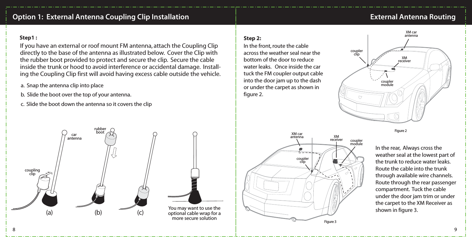  XM car antennaXM receivercoupler clipcoupler moduleXM car antenna XM receivercoupler clipcoupler moduleIf you have an external or roof mount FM antenna, attach the Coupling Clip directly to the base of the antenna as illustrated below.  Cover the Clip with the rubber boot provided to protect and secure the clip.  Secure the cable inside the trunk or hood to avoid interference or accidental damage.  Install-ing the Coupling Clip first will avoid having excess cable outside the vehicle.car antennarubberbootc.  Slide the boot down the antenna so it covers the clipcoupling clip98External Antenna RoutingOption 1:  External Antenna Coupling Clip InstallationIn the rear,  Always cross the weather seal at the lowest part of the trunk to reduce water leaks.  Route the cable into the trunk through available wire channels.   Route through the rear passenger compartment.  Tuck the cable under the door jam trim or under the carpet to the XM Receiver as shown in figure 3.  In the front, route the cable across the weather seal near the bottom of the door to reduce water leaks.   Once inside the car tuck the FM coupler output cable into the door jam up to the dash or under the carpet as shown in figure 2.  Figure 2Figure 3a.  Snap the antenna clip into placeb.  Slide the boot over the top of your antenna.  (a) (b) (c) You may want to use the optional cable wrap for a more secure solutionStep 2:Step1 :