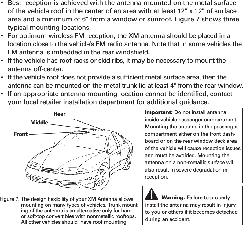 Section 522Figure 7. The design flexibility of your XM Antenna allowsmounting on many types of vehicles. Trunk mount-ing of the antenna is an alternative only for hard-or soft-top convertibles with nonmetallic rooftops.All other vehicles should  have roof mounting.MiddleFrontWarning: Failure to properlyinstall the antenna may result in injuryto you or others if it becomes detachedduring an accident.XM Antenna Set-upAntenna Installation•Best reception is achieved with the antenna mounted on the metal surfaceof the vehicle roof in the center of an area with at least 12&quot; x 12&quot; of surfacearea and a minimum of 6&quot; from a window or sunroof. Figure 7 shows threetypical mounting locations.•  For optimum wireless FM reception, the XM antenna should be placed in alocation close to the vehicle’s FM radio antenna. Note that in some vehicles theFM antenna is imbedded in the rear windshield.•If the vehicle has roof racks or skid ribs, it may be necessary to mount theantenna off-center.•If the vehicle roof does not provide a sufficient metal surface area, then theantenna can be mounted on the metal trunk lid at least 4&quot; from the rear window.•If an appropriate antenna mounting location cannot be identified, contactyour local retailer installation department for additional guidance.Important: Do not install antennainside vehicle passenger compartment.Mounting the antenna in the passengercompartment either on the front dash-board or on the rear window deck areaof the vehicle will cause reception issuesand must be avoided. Mounting theantenna on a non-metallic surface willalso result in severe degradation inreception.Rear