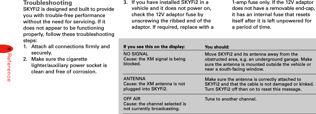 22ReferenceTroubleshootingSKYFi2 is designed and built to provideyou with trouble-free performancewithout the need for servicing. If itdoes not appear to be functioningproperly, follow these troubleshootingsteps:1.  Attach all connections firmly andsecurely.2.  Make sure the cigarettelighter/auxiliary power socket isclean and free of corrosion.3.  If you have installed SKYFi2 in avehicle and it does not power on,check the 12V adaptor fuse byunscrewing the ribbed end of theadaptor. If required, replace with aIf you see this on the display:NO SIGNALCause: the XM signal is beingblocked. ANTENNACause: the XM antenna is notplugged into SKYFi2.OFF AIRCause: the channel selected isnot currently broadcasting.You should:Move SKYFi2 and its antenna away from theobstructed area, e.g. an underground garage. Makesure the antenna is mounted outside the vehicle ornear a south-facing window.Make sure the antenna is correctly attached toSKYFi2 and that the cable is not damaged or kinked.Turn SKYFi2 off then on to reset this message.Tune to another channel.1-amp fuse only. If the 12V adaptordoes not have a removable end-cap,it has an internal fuse that resetsitself after it is left unpowered fora period of time.