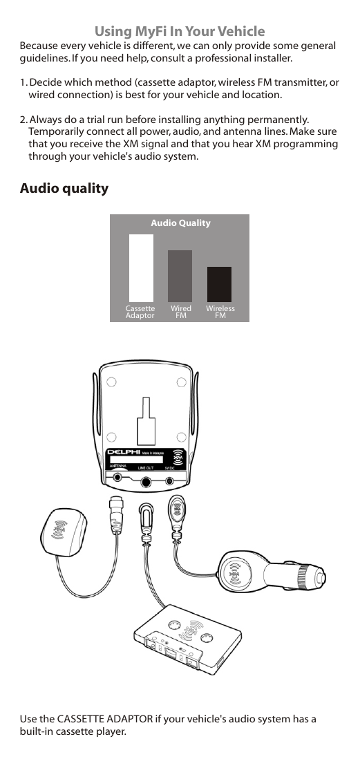 Using MyFi In Your VehicleBecause every vehicle is different, we can only provide some general guidelines. If you need help, consult a professional installer.1. Decide which method (cassette adaptor, wireless FM transmitter, or wired connection) is best for your vehicle and location.2. Always do a trial run before installing anything permanently. Temporarily connect all power, audio, and antenna lines. Make sure that you receive the XM signal and that you hear XM programming through your vehicle&apos;s audio system.Audio qualityUse the CASSETTE ADAPTOR if your vehicle&apos;s audio system has a built-in cassette player.CassetteAdaptor WiredFM WirelessFMAudio Quality