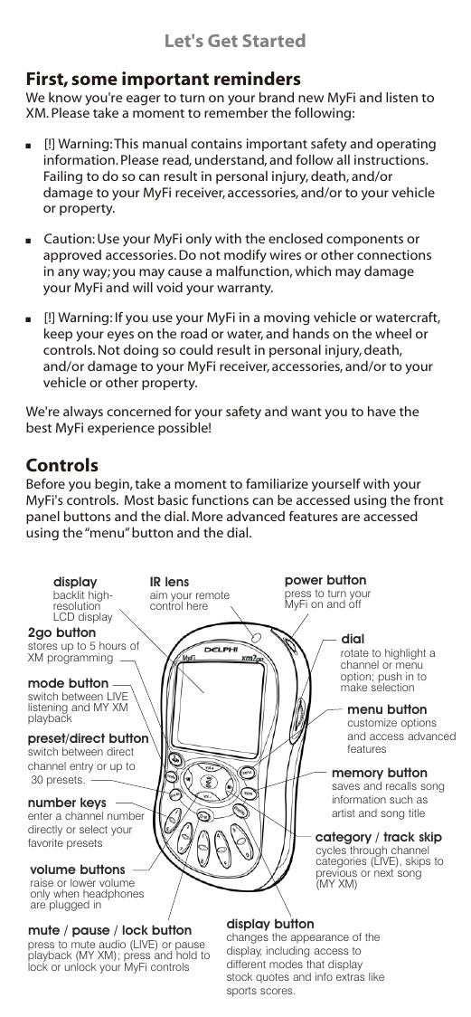 Let&apos;s Get StartedFirst, some important remindersWe know you&apos;re eager to turn on your brand new MyFi and listen to XM. Please take a moment to remember the following:, [!] Warning: This manual contains important safety and operating information. Please read, understand, and follow all instructions. Failing to do so can result in personal injury, death, and/or damage to your MyFi receiver, accessories, and/or to your vehicle or property., Caution: Use your MyFi only with the enclosed components or approved accessories. Do not modify wires or other connections in any way; you may cause a malfunction, which may damage your MyFi and will void your warranty., [!] Warning: If you use your MyFi in a moving vehicle or watercraft, keep your eyes on the road or water, and hands on the wheel or controls. Not doing so could result in personal injury, death, and/or damage to your MyFi receiver, accessories, and/or to your vehicle or other property.We&apos;re always concerned for your safety and want you to have the best MyFi experience possible!ControlsBefore you begin, take a moment to familiarize yourself with your MyFi&apos;s controls.  Most basic functions can be accessed using the front panel buttons and the dial. More advanced features are accessed using the “menu” button and the dial.memory buttonsaves and recalls songinformation such asartist and song title preset/direct buttonswitch between directchannel entry or up to 30 presets.2go buttonstores up to 5 hours of XM programmingpower buttonpress to turn your MyFi on and off menu buttoncustomize options and access advanced featuresrotate to highlight a channel or menuoption; push in to make selectiondialmode buttonswitch between LIVE listening and MY XM playbackmute / pause / lock buttonpress to mute audio (LIVE) or pause playback (MY XM); press and hold to lock or unlock your MyFi controlsnumber keysenter a channel numberdirectly or select yourfavorite presets category / track skipcycles through channel categories (LIVE), skips to previous or next song (MY XM)display buttonchanges the appearance of the display, including access to different modes that display stock quotes and info extras like sports scores.volume buttonsraise or lower volume only when headphones are plugged inIR lensaim your remotecontrol heredisplaybacklit high-resolutionLCD display