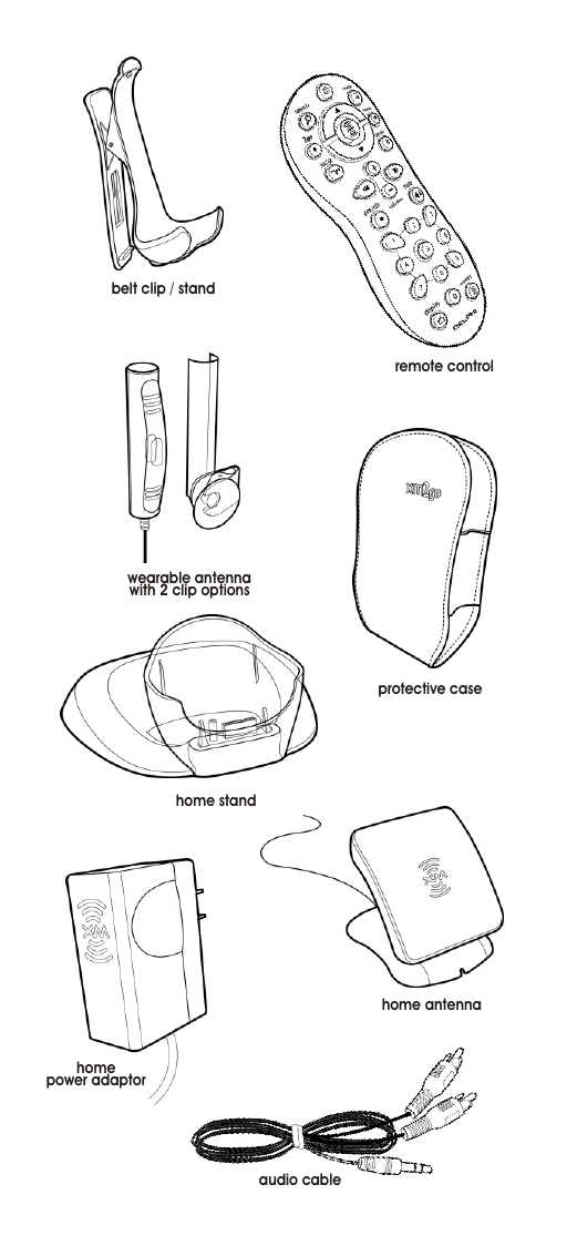 remote controlhome standaudio cablehome power adaptorhome antennabelt clip / standprotective casewearable antennawith 2 clip options