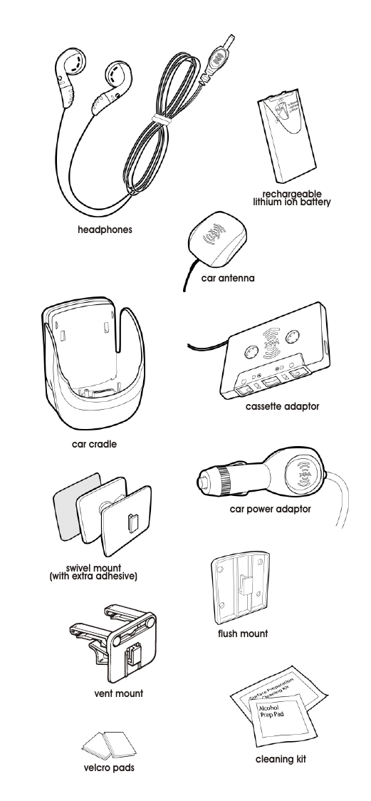 headphonescar power adaptorcar antennacar cradlerechargeable lithium ion batterycassette adaptorvent mountswivel mount(with extra adhesive)cleaning kitflush mountvelcro pads