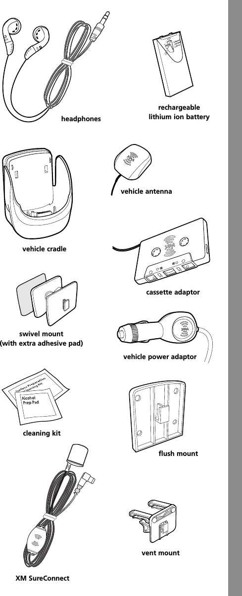 headphonescassette adaptorvehicle cradlevehicle power adaptorswivel mount(with extra adhesive pad)flush mountvent mountcleaning kitrechargeablelithium ion batteryvehicle antennaXM SureConnect